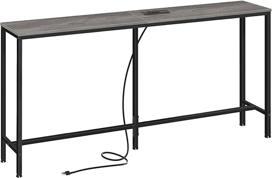 SUPERJARE Console Table with Outlet, 63 Inch Sofa Table with Charging Station, Narrow Hallway Entryway Table, Behind Couch Table Skinny for Entryway, Living Room, Plants, Charcoal Gray-Ruum Studio Home