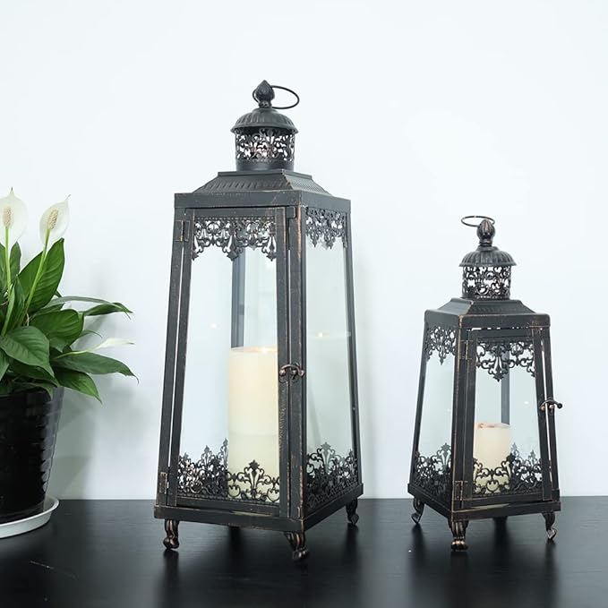 NEEDOMO Lanterns Decorative Outdoor & Indoor, Set of 2 Outdoor Lanterns for Porch,Large Candle Lantern, Bronze Metal Frame with Glass for Fall, Christmas-Ruum Studio Home
