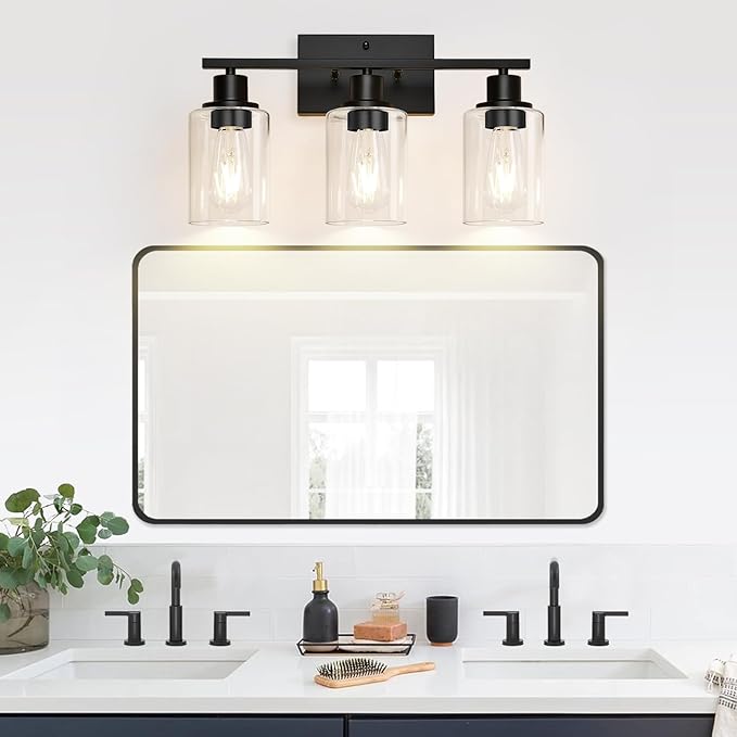 3 Light Bathroom Light Fixtures, Matte Black Modern Vanity Lights with Clear Glass Shade, Bathroom Wall Lamp for Mirror Kitchen Living Room Hallway Cabinet Porch-Ruum Studio Home