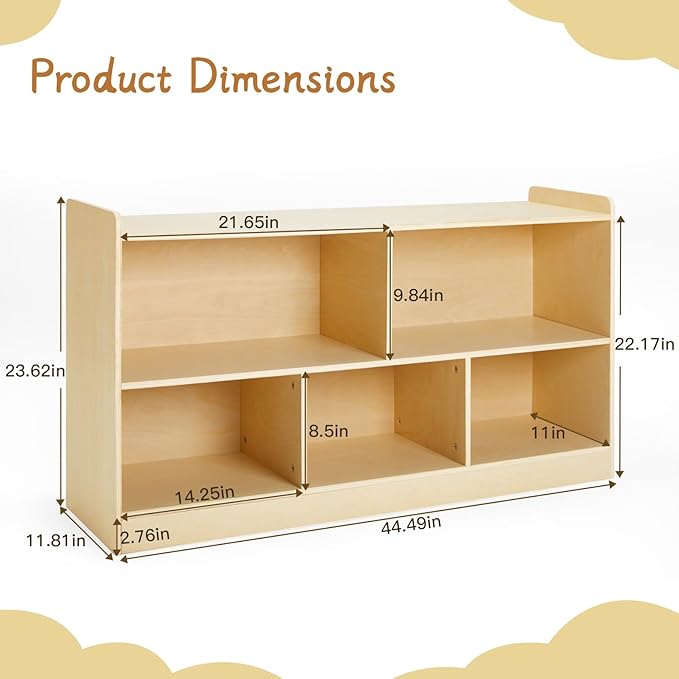 Montessori Shelf, Wooden Toy Storage Organizer for Books Toys, 2 Shelf Bookcase, 5-Section Storage Cabinet, Toddler Book Shelf for Kids Rooms, Playroom, Nursery, Kindergarten (Natural)-Ruum Studio Home