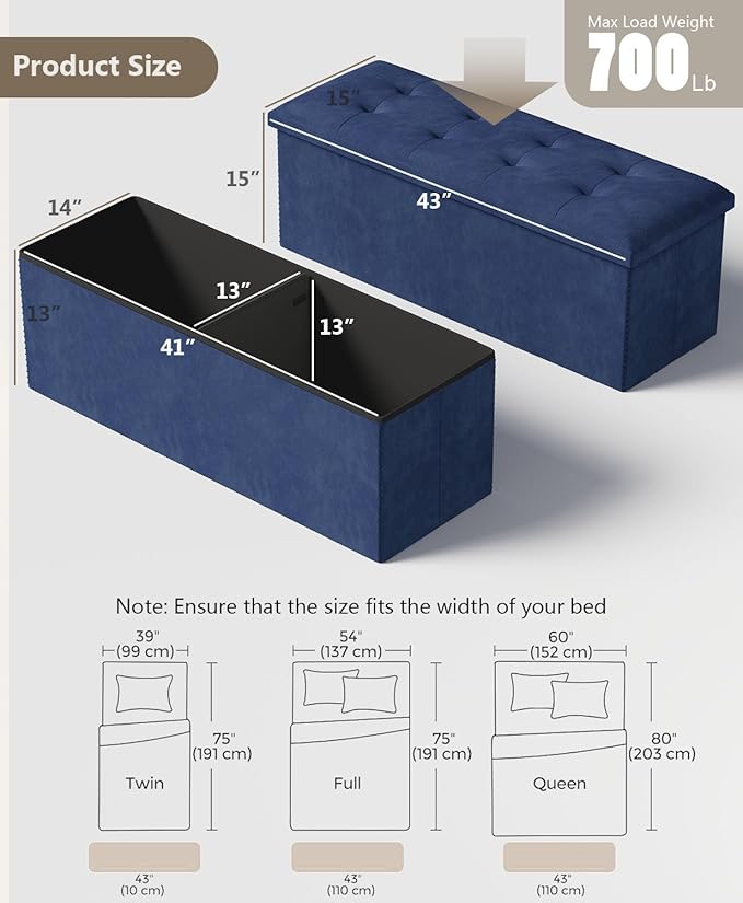 Storage Ottoman Bench, Folding Ottoman Foot Rest, End of Bed Bench,Storage Chest, for Living Room, Bedroom, Hallway, Entryway, Holds up to 700 lb (Navy BLUE1, 43")-Ruum Studio Home