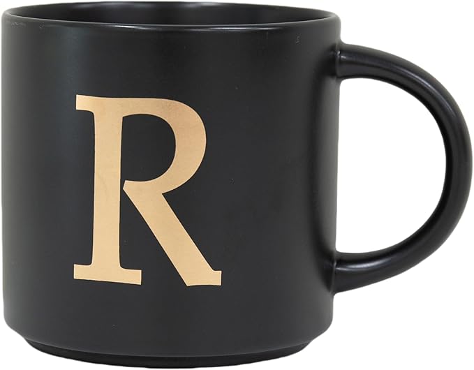 COLLECTIVE HOME - Monogram Ceramic Mugs, 15 oz Golden Initial Black Coffee Cups, Elegant Alphabet Tea Mugs, Elegant Personalized Mug with Gift Box, Unique Mug with Double Side Capital Lette (R)-Ruum Studio Home