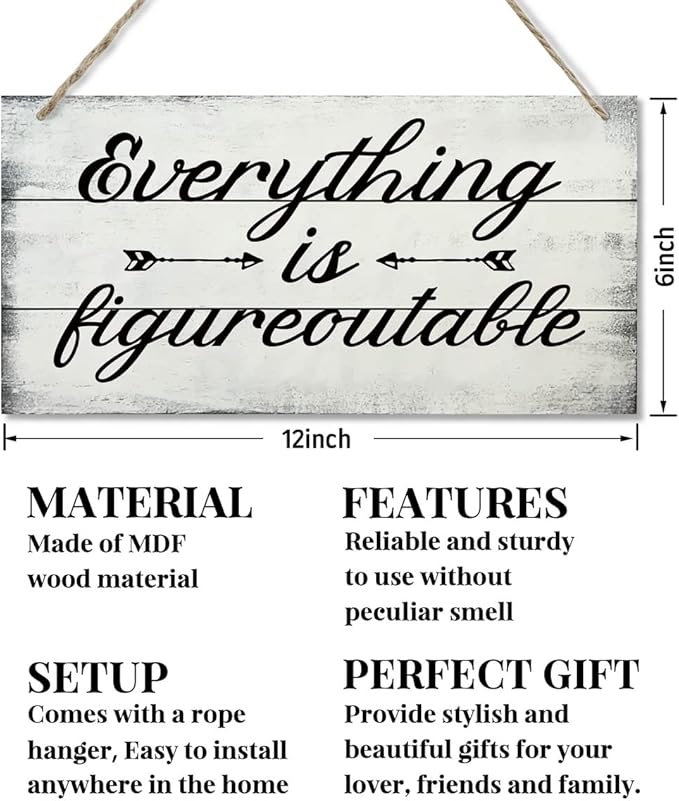 Everything is Figureoutable Decor Sign, Printed Wood Wall Art Sign, Funny Home Signs Decor, Hanging Wood Sign Home Decorative, Rustic Farmhouse Inspirational Wood Sign Decor Wall Art 12x6 in-Ruum Studio Home