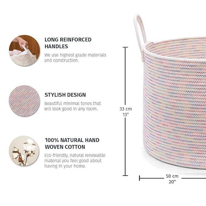 OrganiHaus Toy Storage Basket for Kids, Large Cotton Rope Organizer Bin for Nursery, Toy Box, Blanket Holder, Baby Hamper for Living Room, Soft & Washable, 20x13 inches - Rainbow-Ruum Studio Home