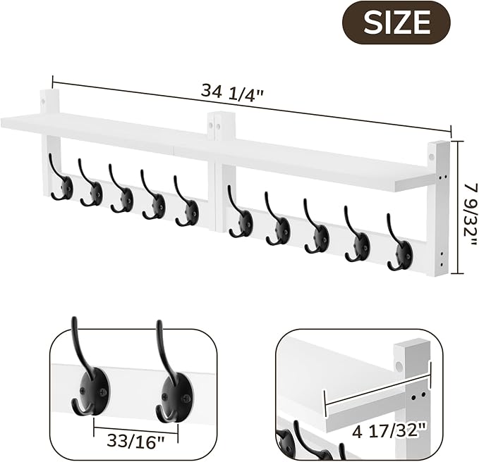 AMBIRD 34.2" L Wooden Wall Coat Hooks with Shelf - Versatile and Decorative Wall-Mounted Storage - 10 Hooks for Hanging Coats, Hats, Keys, Bags, Scarves - Ideal for Entryways, Bedrooms, Closets(White)-Ruum Studio Home