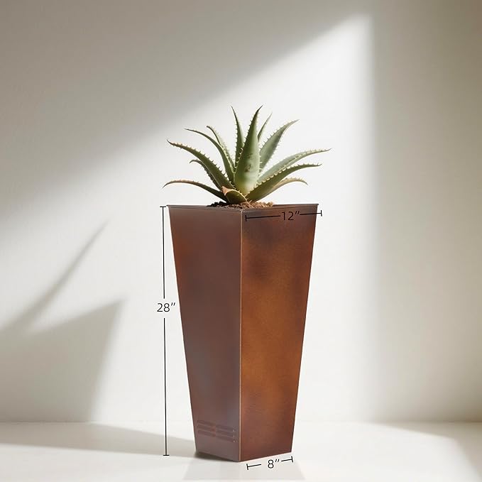 Worth Garden 28" H. Large Metal Planter Set of 2, Classic Matte Bronze Retro Finish Tall Square Tapered Steel Flower Plant Pots for Indoor & Outdoor Use - Insert Plate with Drain Holes, Air Vents-Ruum Studio Home