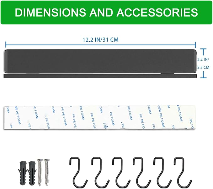 YIIYIIN 12 Inch Magnetic Knife Holder for Wall No Drill,Adhesive Knife Magnetic Strip with 6 Hooks,Kitchen Double Rods Stainless Steel Magnetic Utensil Holder(Black)-Ruum Studio Home