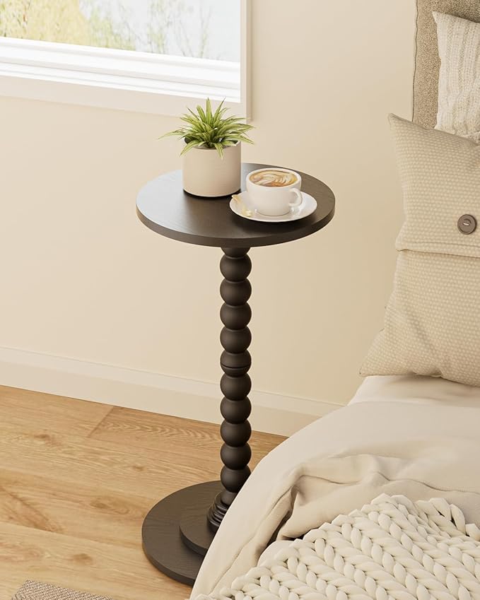 Masupu Round Side Table, Small End Table for Small Spaces, Pedestal Drink Table with Solid Wood Leg for Living Room, Bedroom, Corners(Black)-Ruum Studio Home