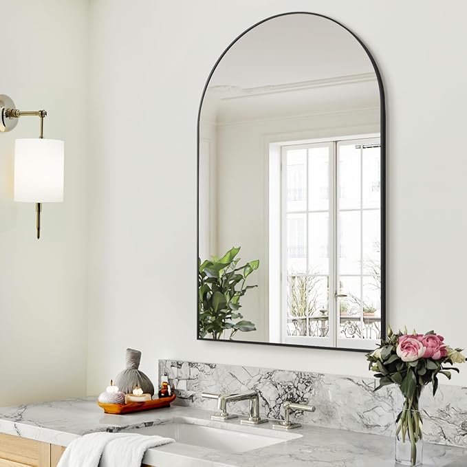 BEAUTYPEAK 26"x38" Arch Bathroom Mirror, Wall Mounted Vanity Metal Frame Mirror for Bedroom, Entryway, Living Room, Black-Ruum Studio Home