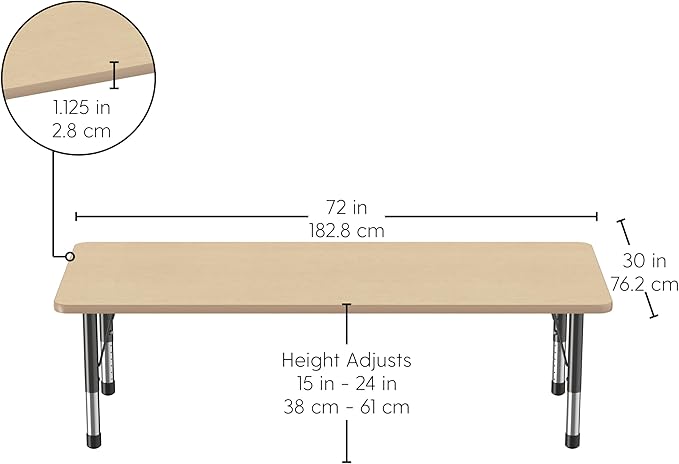 Factory Direct Partners FDP Rectangle Activity School and Classroom Kids Table (30 x 72 inch), Chunky Toddler Leg, Adjustable Height 15-24 inches - Maple Top and Maple Edge-Ruum Studio Home
