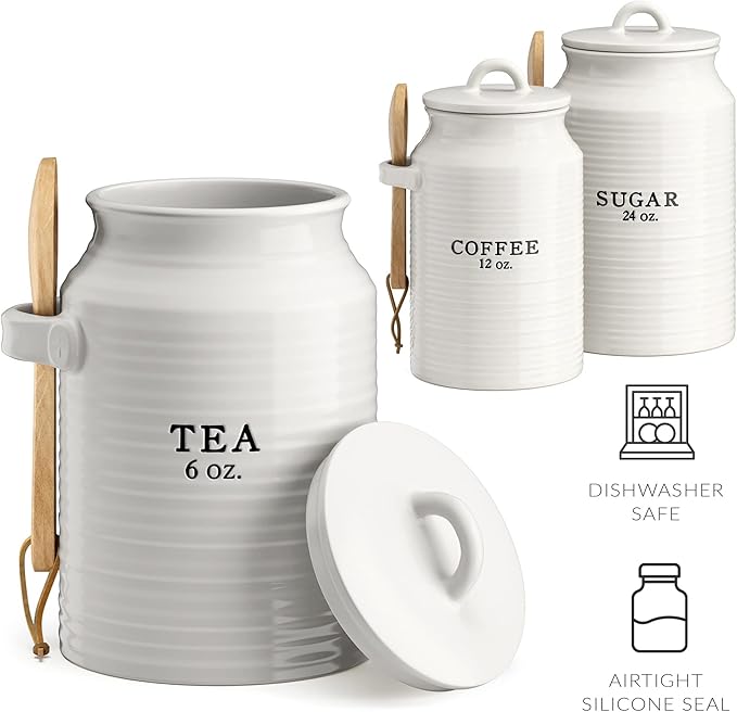 Barnyard Designs Canister Set for Kitchen Counter, Coffee Tea Sugar Container Ceramic Set, Decorative Canisters, Rustic Farmhouse Canister Jars, White (Coffee/Sugar/Tea)-Ruum Studio Home