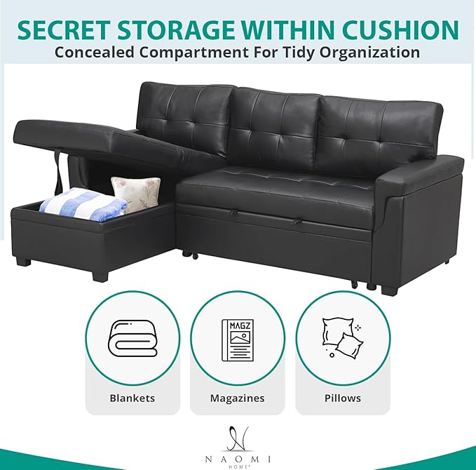 Naomi Home Jenny Sectional Sofa Sleeper with Storage Chaise, Tufted Pull Out Couch with Storage, L-Shaped Reversible Sleeper Sofa with Storage, Black,Air Leather-Ruum Studio Home