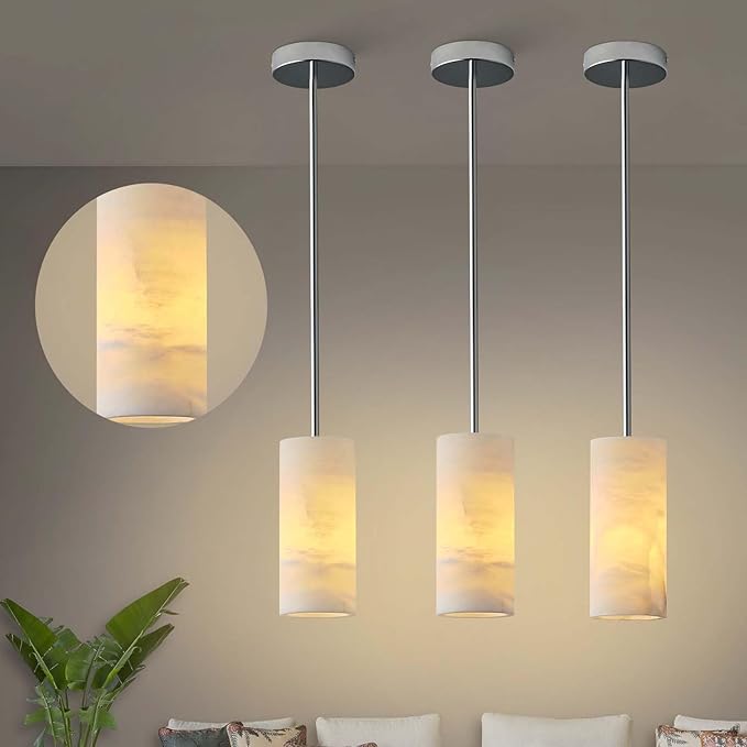 Alabaster Pendant Lights Kitchen Island, Nickel Hand Carved Alabaster Cylinder Pendent, Spanish Natural Marble Light Pendant for Bedroom Bathroom Dining Room Living Room- 3 PC-Ruum Studio Home