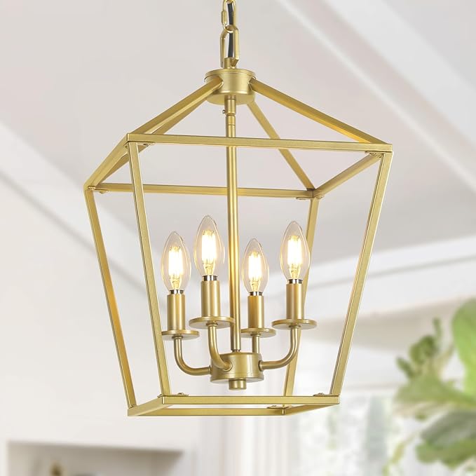 4 Light Gold Chandelier, Industrial Ceiling Light Lantern Light Fixtures with Farmhouse Metal Cage Adjustable Height Rustic Geometric Hanging Light E12 Base for Kitchen Island, Entryway, Indoor-Ruum Studio Home