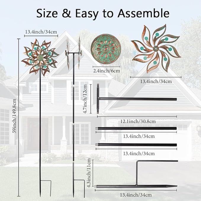 Viveta Metal Wind Spinners Outdoor,Vintage Kinetic Wind Spinner Garden Pinwheels with Metal Stake for Patio,Lawn,Garden,59 * 13.4 Inch-Ruum Studio Home