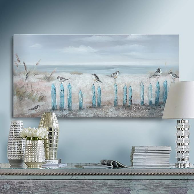 amatop Ocean Beach Wall Art 3D Framed Hand-Painted Seascape Oil Painting Perching Bird Canvas Artwork 'The Tranquility by The Sea Shore' for Living Room Bedroom Decor Coastal Blue-Ruum Studio Home