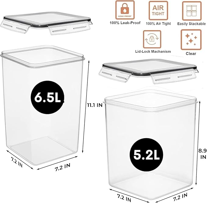 WHITE FEATHER SUPPLIES 4 Pc Flour Sugar Storage Container, Large Food Storage Containers with Lids Airtight for Kitchen, BPA Free Plastic Cereal Containers Storage [2 X 6.5 + 2 X 5.2] 4 Measuring Cup-Ruum Studio Home