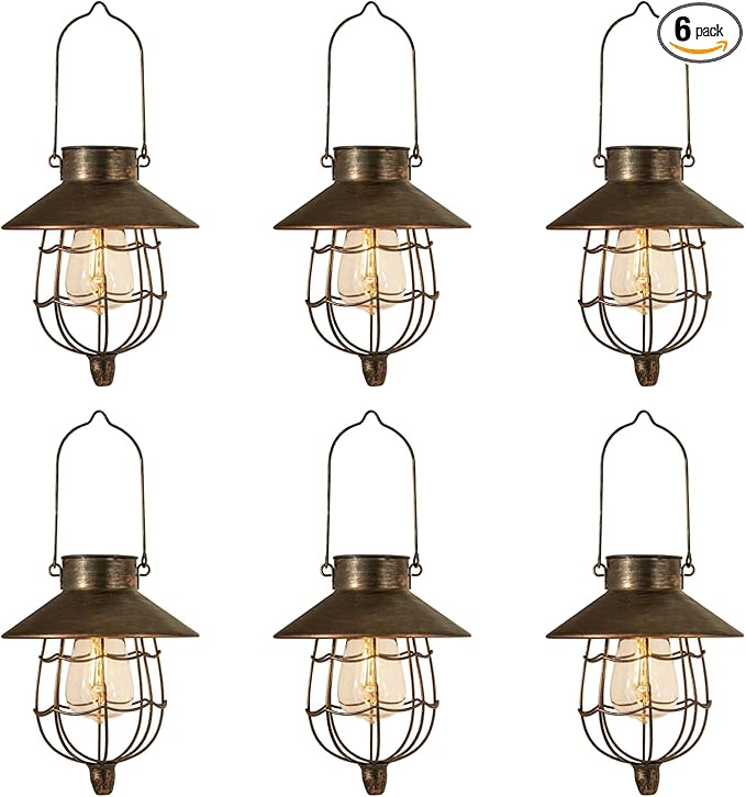 YAKii 6 Pack Solar Lantern Hanging Waterproof Outdoor Metal Solar Lamp with Warm White Light Decorate for Yard Garden Pathway Patio Porch (Antique Copper)-Ruum Studio Home