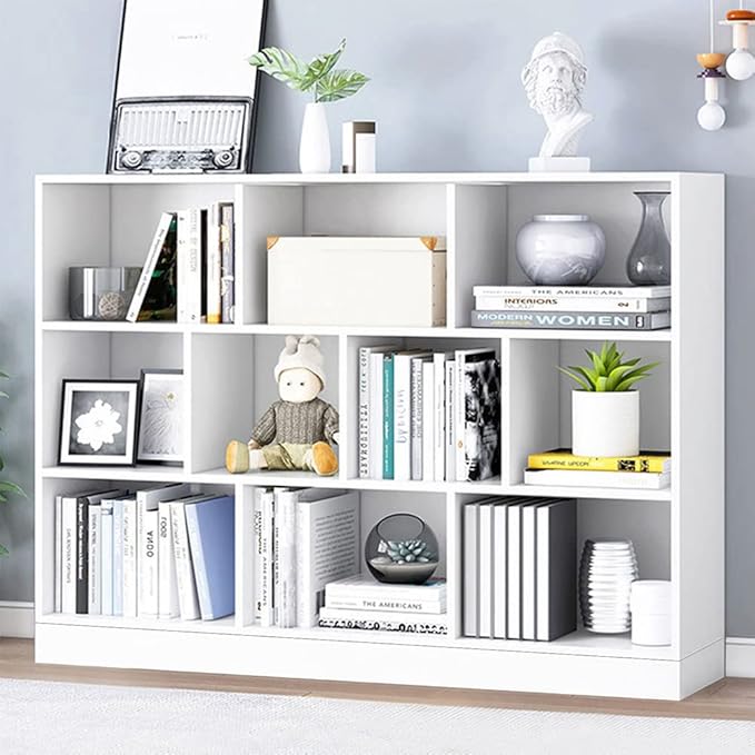 IOTXY Open Shelf Low Bookcase - Wooden 3-Tier Floor Standing Display Cabinet Organizer with Base, 10 Cubes Short Horizontal Bookshelf in Warm White-Ruum Studio Home