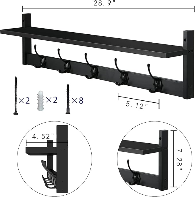AMBIRD Wall Hooks with Shelf Entryway Hanging Wood Coat Hooks with Shelf Wall-Mounted Coat Hook Rack with 5 Dual Hooks for Bathroom, Living Room, Bedroom (Stylish)-Ruum Studio Home