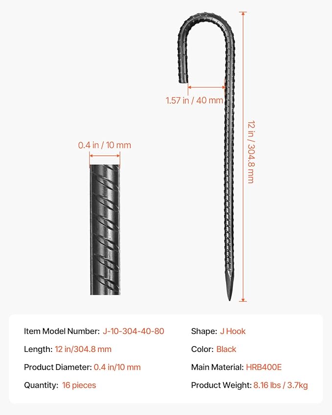 VEVOR Rebar Stakes, 12-Inch, Heavy-Duty 0.4 in Diameter J Hook, Galvanized Steel Ground Anchors with Chisel Point End & Rust-Resistant Coating, for Gardening Support, Fence, Camping Tents (16-Pack)-Ruum Studio Home