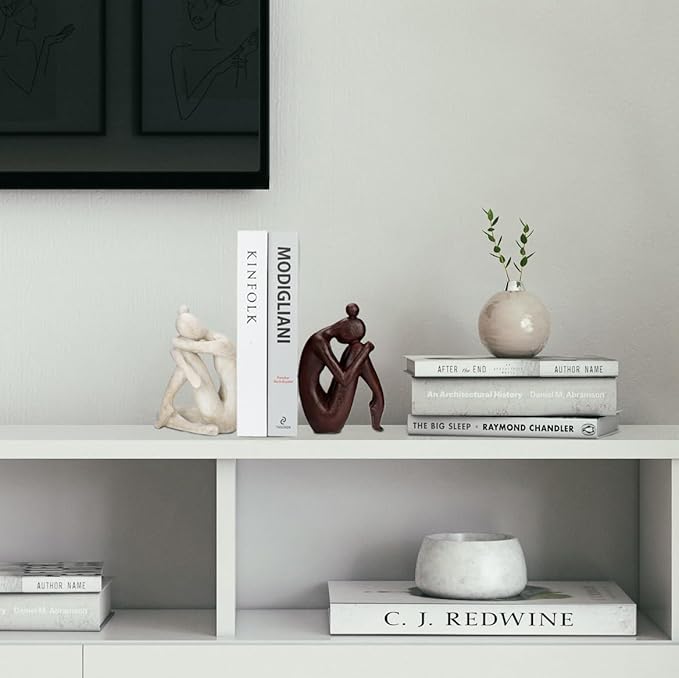 Decorative Bookends for Shelves, Unique Book Ends for Home Office Decor, Meditation Girl Statue Book Stopper for Bookshelf Decor, Modern Abstract Aesthetic Decoration White & Brown-Ruum Studio Home