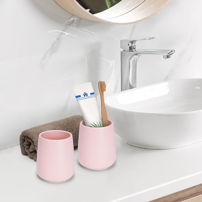 Bathroom Tumbler Cup Ceramic 13.5oz Reusable Toothbrush Cup 400ml,Toothbrush Holder Adequate for Your Bathroom (Pink)-Ruum Studio Home