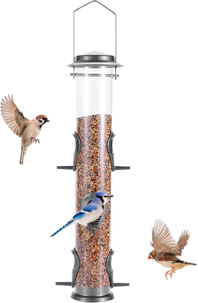 MIXXIDEA 1PK Metal Bird Feeders with 6 Feeding Ports,Tube Bird Feeder with Steel Hanger,Hard Plastic Wild Bird Feeder for Outdoors Hanging, Attracting Birds in Your Lawn, Garden, Balcony-Grey-Ruum Studio Home