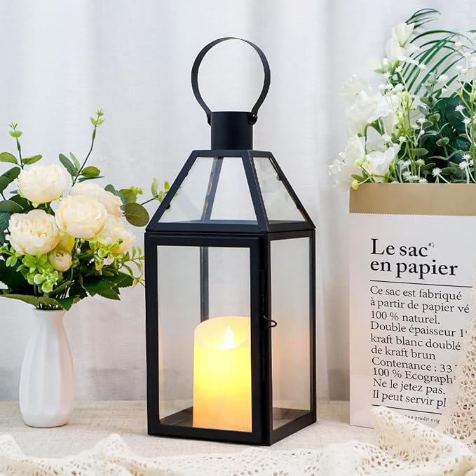 JHY DESIGN Black Decorative Lanterns 16“H Decorative Candle Lantern with Tempered Glass for Indoor Outdoor Events Parities and Weddings-Ruum Studio Home