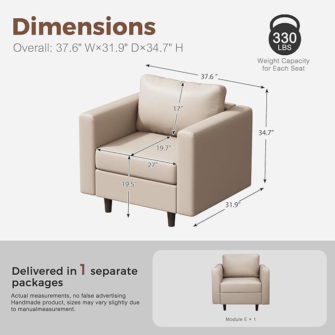 ABCASA Faux Leather Single Sofa, Modern Accent Chair Whitesand with Storage Deep Seat Large Reading Armchair for Living Room Bedroom Office-Ruum Studio Home