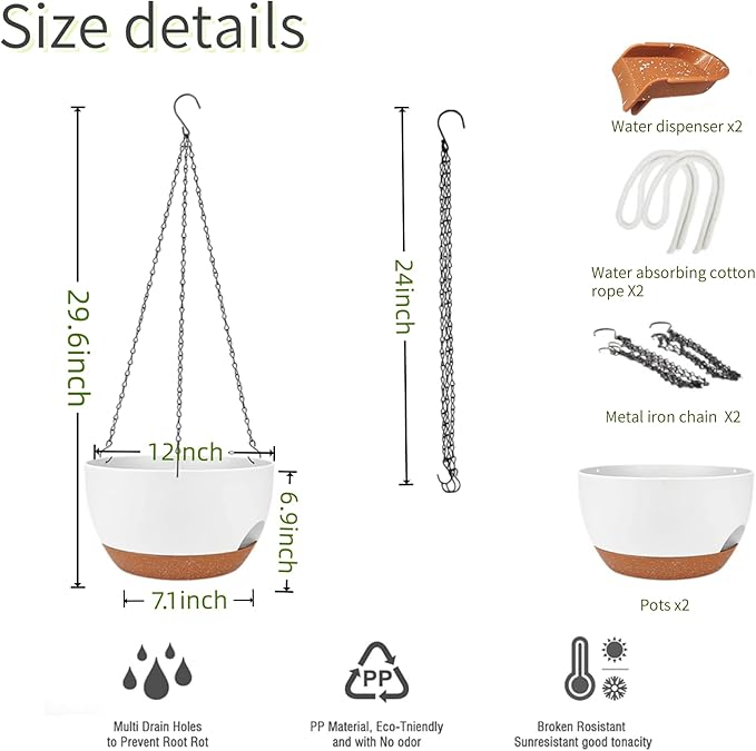 2 Pack Hanging Planters for Indoor Outdoor Plants, 12 Inch Self Watering Hanging Pot with Drainage Holes and Saucer, Plastic Plant Pots, White Brown Flower Pots for Kitchen, Balcony, Garden-Ruum Studio Home