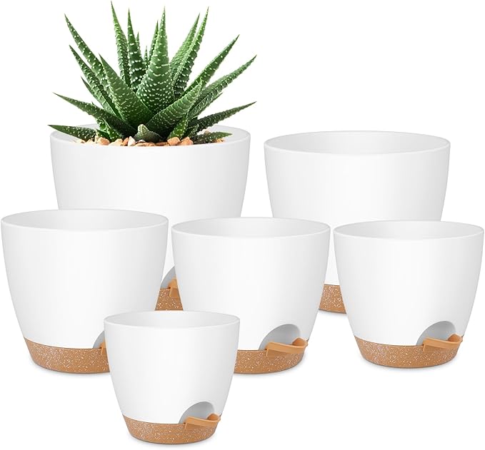 Plant Pots 8/7/6.5/6/5.5/5 Inch Self Watering Pots, Set of 6 Plastic Planters with Drainage Holes and Saucers,Plastic Flower Pots,Nursery Planting Pot for Indoor Out Door Plants（White）-Ruum Studio Home