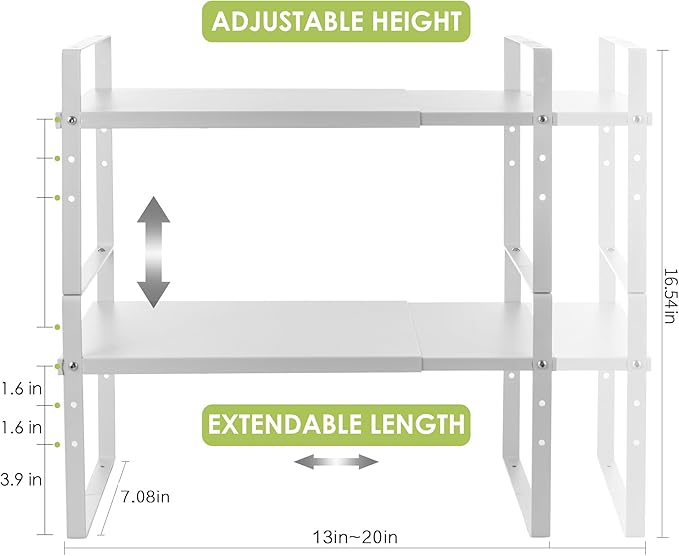 Expandable Cabinet Shelf Organizer Rack, Stackable Kitchen Counter Storage Shelves Stand, Adjustable Height Pantry Shelf Spice Rack (White, 2 Pack)-Ruum Studio Home