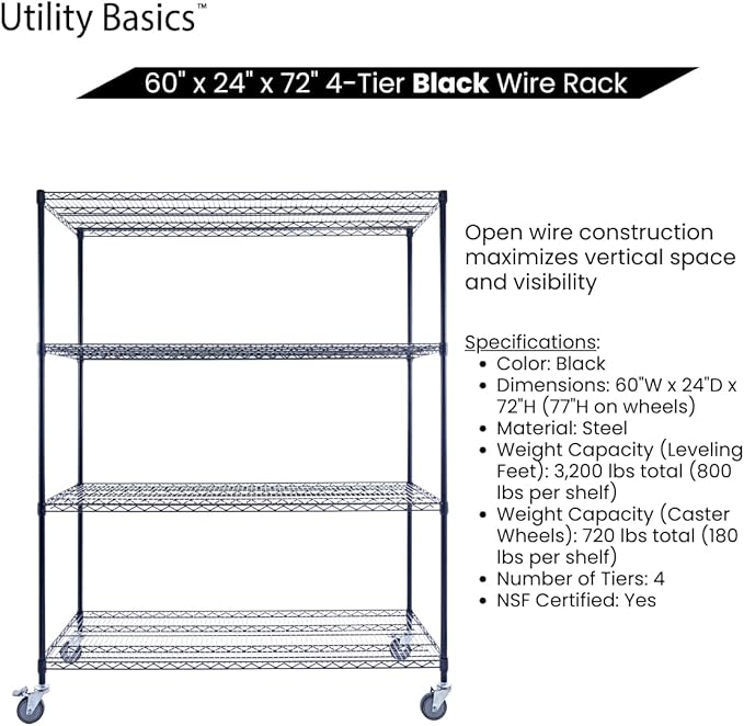 60"x24"x72" Premium Metal Steel 4-Tier Wire Shelving NSF 3200 LBS MAX Capacity Heavy Duty Storage Rack for Hospitals, Schools, Commercial Spaces, and Garages w/Premium Wheels-Ruum Studio Home