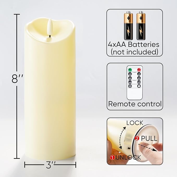 Homemory 3"x8" Outdoor Waterproof Flameless Candles, LED Candles, Battery Operated Candles with Remote and Timers, Electric Fake Plastic Pillar Candles, Dark Ivory, Set of 2-Ruum Studio Home