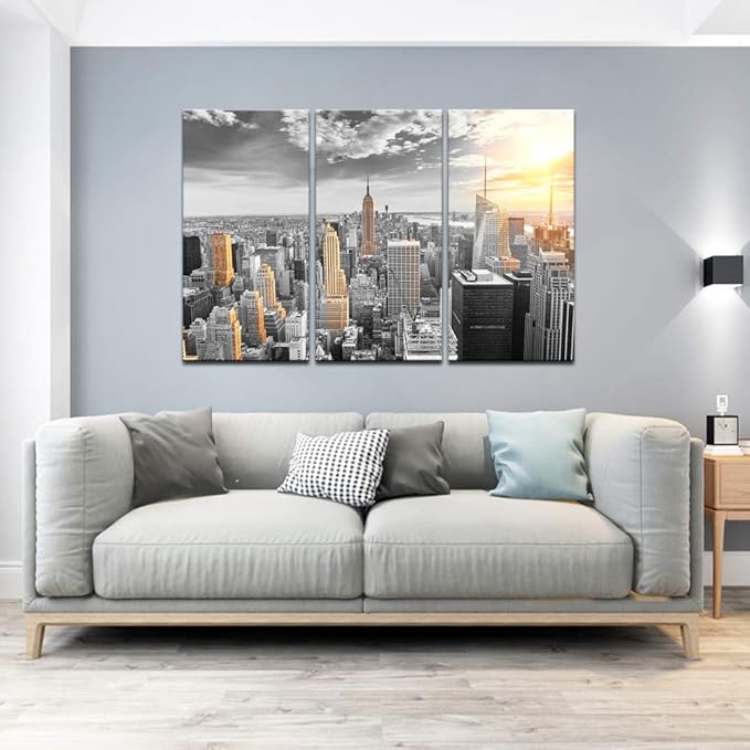 LevvArts Large 3 Piece New York City Canvas Wall Art Modern Black and White NYC at Gold Sunset Picture Prints Cityscape Skyline Poster Framed for Home Office Living Room Decor-Ruum Studio Home