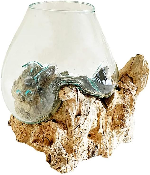 Hand Blown Molten Glass & Teak Wood Terrarium/Vase/Fish Bowl - Premium Quality (12" - 14" High)-Ruum Studio Home