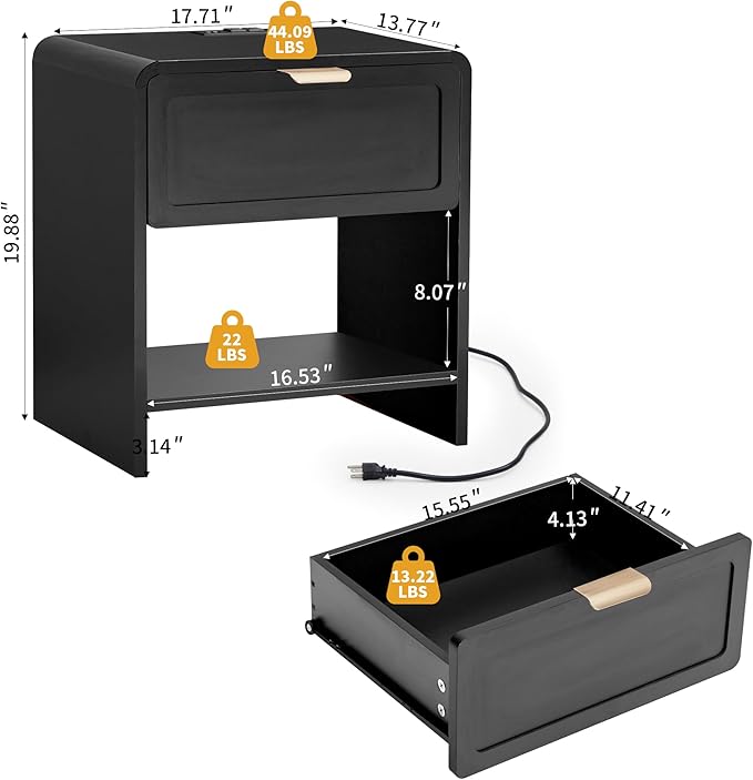 LEVNARY Nightstand with Charging Station, Mid-Century Modern Bedside Table with Curved Top Corners and Storage Drawer, Wooden End Table for Farmhouse Bedroom Living Room (1, Black)-Ruum Studio Home