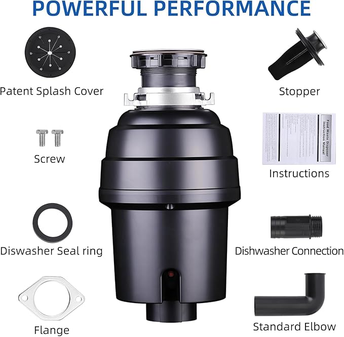 Powerful 1HP Stainless Steel Garbage Disposer, Dishwasher-Friendly and Continuous Feeding Waste Disposer, Grinding Material Four-Stage Grinding, Black-Ruum Studio Home