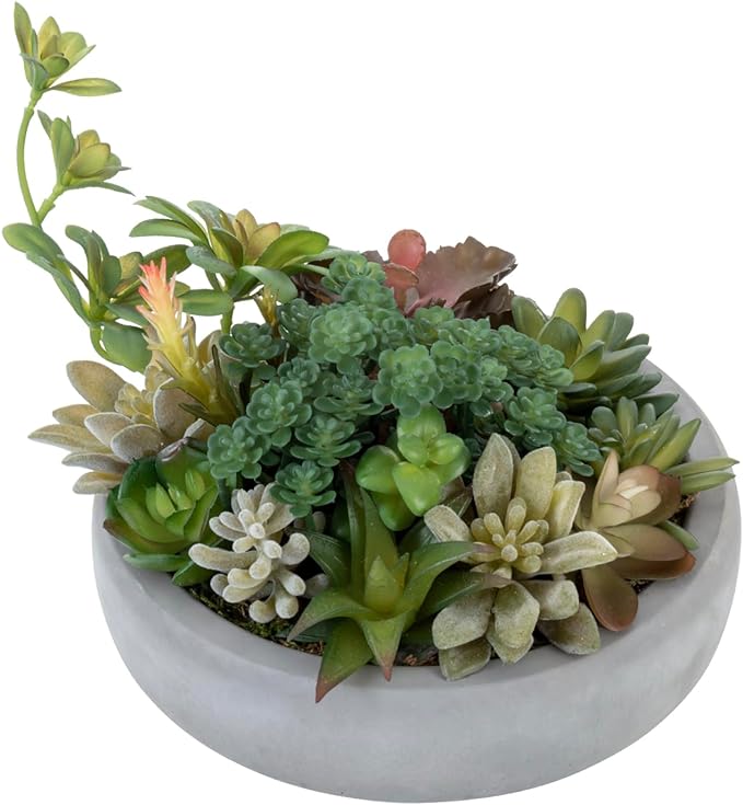 MyGift Assorted Indoor Fake Plants Artificial Succulent Arrangement in Round Gray Cement Planter Pot-Ruum Studio Home