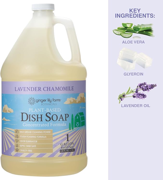 Ginger Lily Farms Botanicals Plant-Based Liquid Dish Soap, Concentrated Formula with Max Grease Cleaning Power, Cruelty-Free, Lavender Chamomile Scent, 1 Gallon Refill (128 Fl. Oz.)-Ruum Studio Home