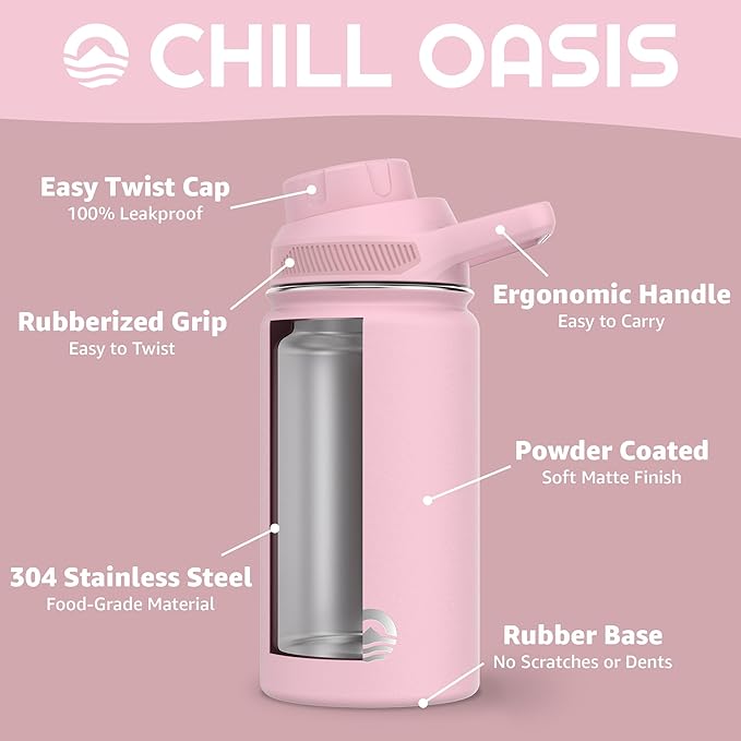 Chill Oasis Water Bottle | Compatible With Popular Flavor Cartridges | BPA Free, Leak Proof, Double-Walled Vacuum Insulated Stainless Steel, and Dishwasher Safe | Cold for 24 Hours (Pink, 12oz)-Ruum Studio Home
