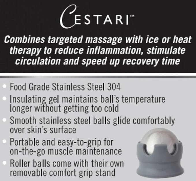 Cestari Stainless Steel Ice Hot Cold Roller for Pain Relief, Foot Massage Ball with Silicone Holder, HSA Muscle Roller, Gray-Ruum Studio Home