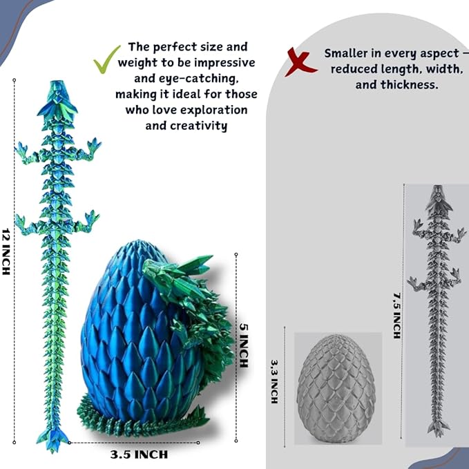 3PCS 3D Printed 12” Articulated Crystal Dragon Inside 5.1” Egg – Fantasy Collectible, Fidget Toy & Stocking Easter Basket Stuffers for Home & Office Decor (3PCS-Egg)-Ruum Studio Home