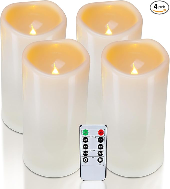 Homemory 4" x 8" Waterproof Outdoor Flameless Candles, Battery Operated Flickering LED Pillar Candles with Remote and Timers for Indoor Outdoor Lanterns, Long Lasting, Large, Dark Ivory, Set of 4-Ruum Studio Home