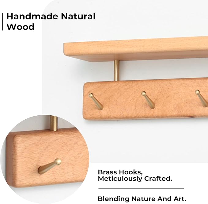 Shelf with Hooks, Solid Wood Bedroom Shelves for Wall, Wooden Coat Rack Wall Mount for Bathroom, Kitchen, Door Entryway (Beech, 30cm/11.81inch)-Ruum Studio Home