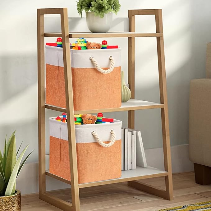 i BKGOO 3Pack Large Foldable Storage Bins，Collapsible Sturdy Cationic Fabric Organizing Storage Basket Cube with Cotton Handles for Home Office Shelf Clothes Toys Beige-Orange 13×13×13 inch-Ruum Studio Home