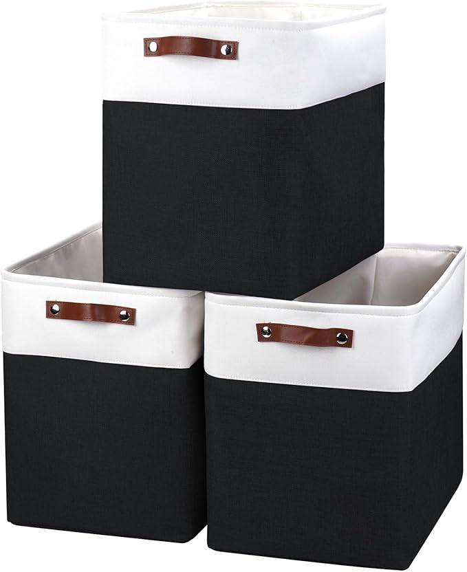 Large Fabric Storage Baskets | 50L Storage Bins, Decorative Linen Closet Baskets with Handles for Organizing, Shelf, Toys, Clothes, Home, Office, Nursery, 17x12x15Inches (Black&White)-Ruum Studio Home