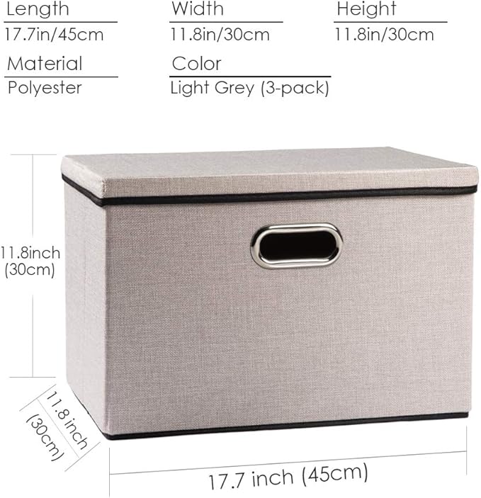 PRANDOM Large Foldable Storage Bins with Lids [3-Pack] linenFabric Decorative Storage Boxes Organizer Containers Baskets Cube with Handles Divider for Bedroom Closet Office Light Grey(17.7x11.8x11.8)-Ruum Studio Home