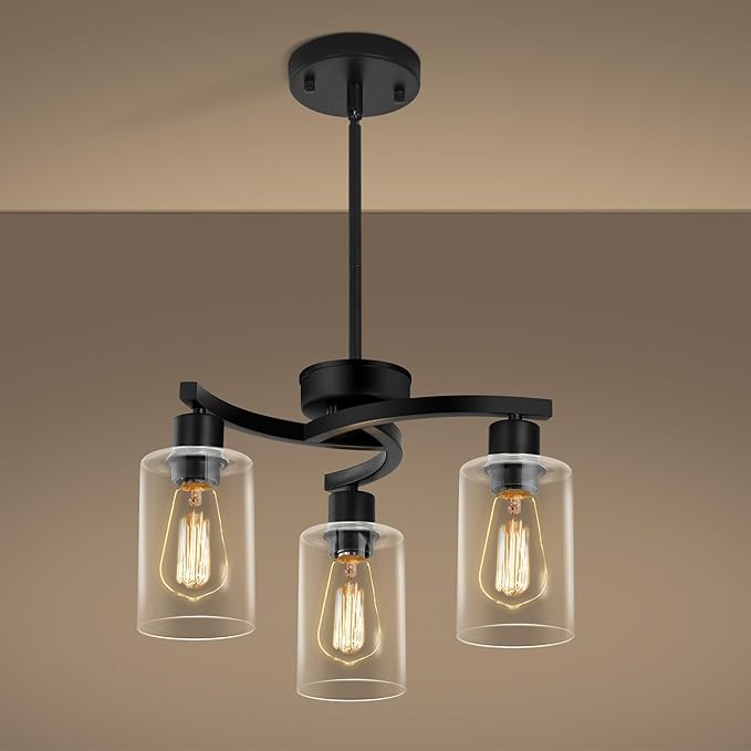3-Light Modern Farmhouse Black Pendant Lights Kitchen Island, Adjustable Height Contemporary Chandeliers for Dining Room Light Fixture Hanging, Clear Glass Shade-Ruum Studio Home